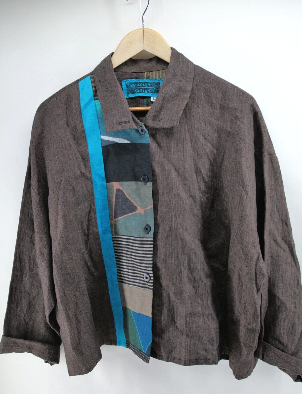 Farley Farley Womens Jacket L Brown 100% Linen Button Front USA Made Art to Wear